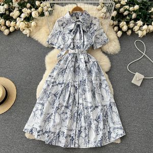 Casual Dresses 2023 French Dress Summer New Elegant Temperament Floral Lace-up Waist Stunning High-end A-line Long Dresses