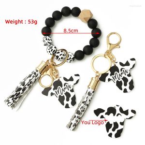 Bangle 2023 Mother's Day Gift Cow Silicone Beads Leather Tassel Cute Wood Bull Wooden Bead Bracelet MAMA Wristlet Keychain