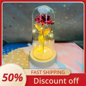 Night Lights LED Enchanted Galaxy Rose Eternal 24K Gold Foil Flower With Fairy String In Dome For Christmas Valentine's Day Gift