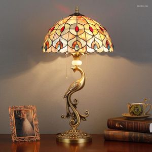 Bordslampor europeiska skallampa sovrum tiffany stil konst vintage rustik ren koppar franska vardagsrum dekorativ e27