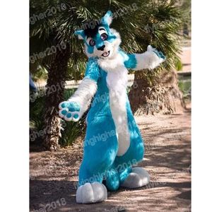 Halloween Long Furry Blue Husky Dog Mascot Costume Anpassa tecknad anime Temakaraktär Vuxenstorlek Julfödelsedagsfest utomhusdräkt