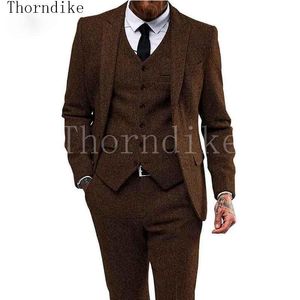 Men's Suits & Blazers Thorndike Dark Brown Herringbone Man Suit 3 Pcs British Style Tuxedo Bespoke With Pants Terno Masculino
