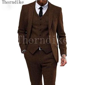 Abiti Uomo Blazer Thorndike Abito Uomo Spigato Marrone Scuro 3 Pezzi Smoking Stile Britannico Su Misura Con Pantaloni Terno Masculino