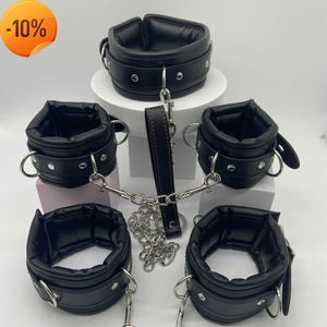 Massage Slave Leather Bondage Strap Harness of Handcuffs Collar Restraints with Metal Chain for Bdsm Adults Traction Flirt Sex Games