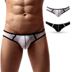 Underbyxor mäns trosor solid färg underkläder nylon låg midja u påse thongs mesh gay slip homme s-trings kort