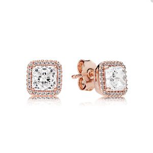 Luxury Rose Gold Square Stud Earrings for Pandora 925 Sterling Silver Party Jewelry designer Earring For Women Sisters Gift CZ Diamond earring with Original Box