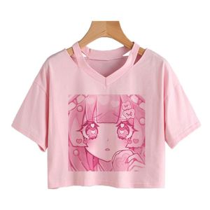 T-shirt Women Fashion Abiti carini Kawaii Stampa tee punk a maniche corte maglietta casual anime rosa sciolta grafica Vneck Crop Top Streetwear