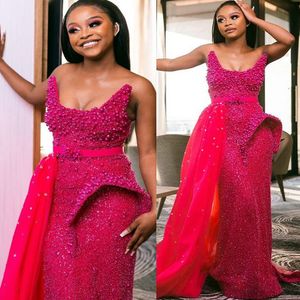 May Aso Ebi Mermaid Fuchsia Prom Dress Pearls Sequined Lace Evening Party Party Second Reception födelsedagsengagemang klänningar klänningar mantel de soiree zj