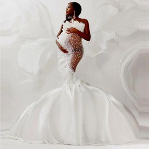 Casual Dresses Luxurious Peals Feathers Pregnancy Poshoot Dress Mermaid Maternity Gowns Chic Women Beading for Po Shoot
