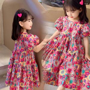 Kız Elbiseler Kızların Çiçek Elbise Kısa Kollu 2023 Yaz Kızlar Koreli Gevşek Çocuklar Modalık Prenses Bebek