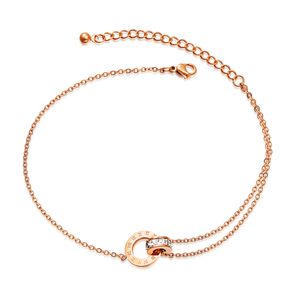 Fashion Double Rings Zircon Anklets Women Designer Rose Gold Roman Number Foot Chain Titanium Steel Jewelry Gifts for Female