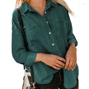 Kvinnors blusar Elegant avbryta krage Kvinnor All-Match Female Clothing Fashion Long Sleeve Tops Vintage Pocket Loose Solid Shirt 24076