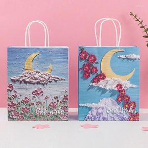 Bolso de papel de pintura a óleo de embrulho de presente 1pc com alça de compras Flip Flower Packaging Storage Decor de roupas de armazenamento