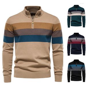 Men's Sweaters Autumn And Winter Men's L Zipper Standing Neck Half Open Sweater Pullover Knitwear Fashion Stripe Elastic