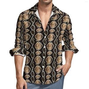 Camisas casuais masculinas camisa de pele de cobra preta marrom primavera impressão de animais homens soltos blusas de manga comprida roupas de rua