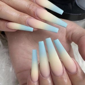 False Nails 24pcs Gradient Matte Blue Solid Color Extra Long Press On Coffin Reusable Fake Finger With DesignFalse