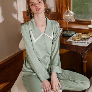 Moda de sono feminina Plus Tamanho 3xl Mulheres Pijamas Conjunto de Nightwear Solid Green Manga Longa 2pcs Camisa Trouser Suit Casual Cetin Home Wear