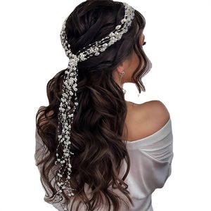 Fascia per capelli da sposa con perle da sposa Fascia per capelli lunga Principessa coreana Corona Tiara Copricapo da spettacolo Accessori per capelli Copricapo di perle bianche