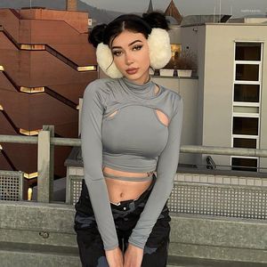 Kvinnors T -skjortor Y2K Fall Cut Out Spets Up Turtleneck långärmad Crop Top Festival kläder 2023 Women Streetwear Sexig skjorta