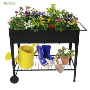 Выподнятая плантаторная коробка на открытом воздухе поднятая садовая кровать с ногами и колесами для овощей цветочная трава патио черное железо