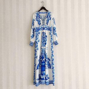 Casual Kleider Runway Blau Porzellan Muster Strass Perlen V-ausschnitt Maxi Frauen Langarm Elegante Big Saum Kleid B346