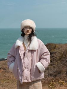 Kadın Trençkotları Kiraz Pembe Kaşmir Yaka Pamuklu Ceket Gevşek ve Sevimli Kısa Sıcak Sonbahar Kış