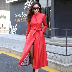 Couro feminino O colar de alta qualidade de alta qualidade moda slim big yards seção mais longa casaco colorido sólido casaco