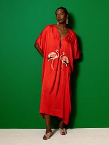 Badkläder 2023 Casual Red Flamingo broderad kaftan plus storlek Vneck Kort ärm Summerklänning Kvinnor Beach Wear Swim Suit Cover Up A2043