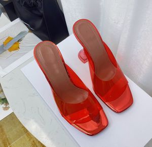 Летняя роскошная женская обувь сандалии Сколто чистый ПВХ сексуальный открытый пальцы 95 -мм мулы Стеклянная туфля скульптурная каблук с коробкой
