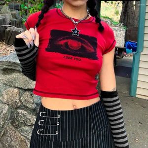 Camisetas femininas Mulheres Olhos impressos Crop Tops Grunge Graphic Vintage Roupas estéticas Y2K Top de manga curta com luvas listradas