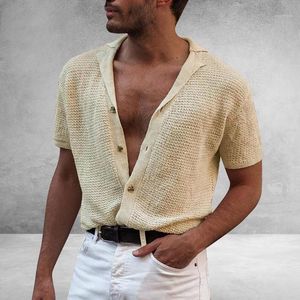 Polos masculinos cavalheiros de malha sólida Cardigan camisas 2023 Camisa de verão da primavera Manga curta Botões de pescoço sexy V Roupas de algodão