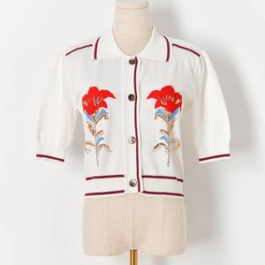 Women's Blouses & Shirts Half Sleeve Knit Shirt Crop Top Women 2023 Summer Ladies Tops Sequined Embroidery Lapel Button Up Thin Sweater Card