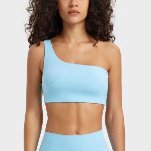 2023 Solid Color Yoga Outfits Ribbed Women Fiess Bra Oneshoulder Cutout Strap Sport Tank Top Gym Underkläder Sömlös träning Training Chest Pad Pad Pad