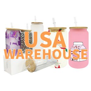 US CA STOCK 16oz Sublimation Glass Beer Mugs Can Shaped Glass Cups Beer Can Glass Tumbler Drinking Glasses Beer Glasses With Bamboo Lid And Reusable Straw