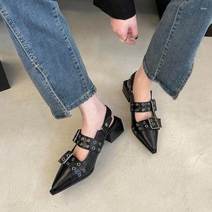 Sandals Summer Women Retro Punk Style Pointed PU Leather Solid Casual Female Metal Buckle High Heels Toe Shoes