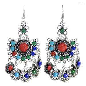 Dangle Earrings Gypsy Bohemia Silver Color Alloy Colorful Crystal Coin Charms Pendant Earring Jewelry Finding Tribal Accessories