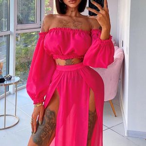 Cover-up 2023 Women Beach 2pcs Bikini CoverUps Swimsuit Off Shoulder Top+ High Waist Dresss Sexy Ladies Swimming Cover Up Bathing Suit