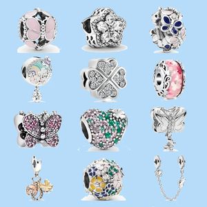 Ciondoli in argento sterling 925 per perline di gioielli Pandora Ciondolo fai-da-te Bracciali da donna perline New Silver Pink Flower Butterfly Charm Glass