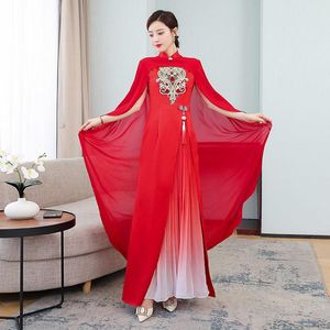 Sukienki imprezowe Catwalk Cheongsam Długość wydajności z Cloak 2023 High-end Sleveless Chinese Style Elegancka letnia sukienka ZH1520