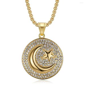 Pendant Necklaces Stainless Steel Moon And Stars Pendand & Chain Gold Color Iced Out Bling Round Necklace For Men Hip Hop Jewelry Drop