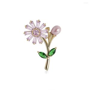 Brooches Luxury Cubic Zirconia Sunflower Brooch Pin With Freshwater Pearl Pins Bridal Wedding Bouquet Jewelry Gifts Broches