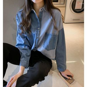 Kvinnor BLOUSES Spring Autumn bf Denim Shirt Women Long Design Pachwork Randig Loose Camisa Jeans Feminina Jacket