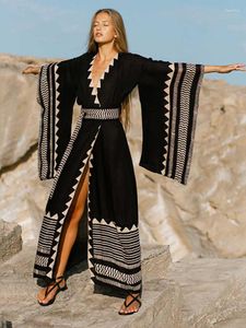 Women's Swimwear Beach Kimono Women Summer Super Wide Sleeve Self Belted Wrap Dresses Geometric Printed Fashion Bathing Suits PareoWomen's