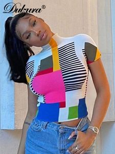 T-shirt Dulzura Colorblock Patchwork Print Women High Neck Short Sleeve T Shirt Crop Top Sexy Streetwear Club 2022 Summer Y2K Clothes