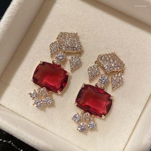 Dangle Earrings Red Crystal Retro Wild Women's Tassel Korean Fashion Cubic Zircon High Quality Square Water Droplets Jewelry Designer