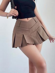 Skirts DEEPTOWN Pleated Mini Skirt V-Waist A-line Vintage Preppy Style Y2k Micro Shorts Solid Slim Sexy Summer Women Fashion