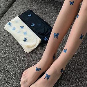 Frauen Socken Atmungsaktive Blaue Farbe Schmetterling Für Strumpfhosen Form Sexy Seide Dünne Strumpfhosen Schwarz Haut Mesh Nylon Strumpf