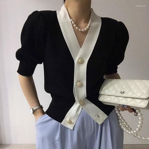 Camicette da donna Sannian Camicia da donna Estate con scollo a V Bianco e nero Hit Color Monopetto Casual All-match Maglione a maniche corte