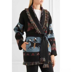 Maglieria da donna T-shirt Flordevida Jacquard con frange in maglia di cachemire Cardigan Orlo Cintura legata Donna 2023 Autunno Inverno Caldo Boho Coat