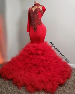 Party Dresses Arabic Aso Ebi Red Prom Formal With Long Sleeve Lace Beaded Ruffles Skirt Tutu Mermaid African Black Girl Evening Dress